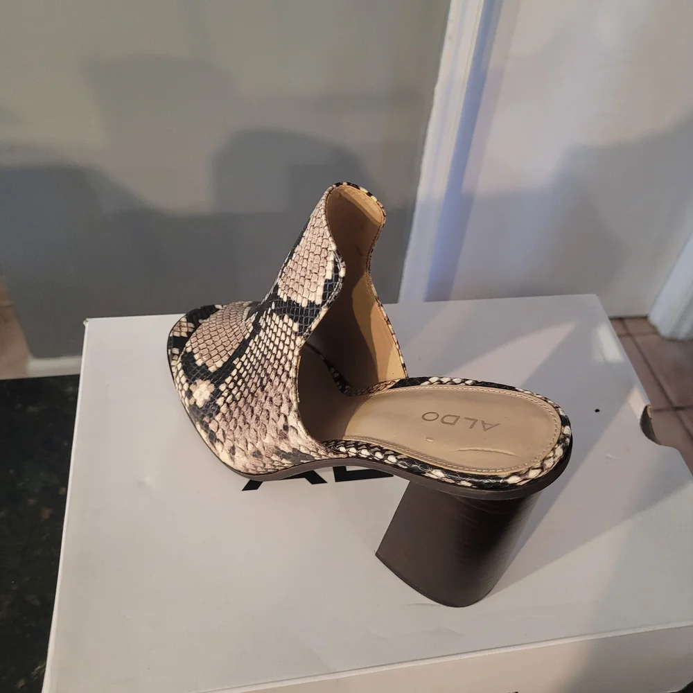 Aldo Taupe and Black Snake-Print Block Heel Mule - Picture 3 of 3